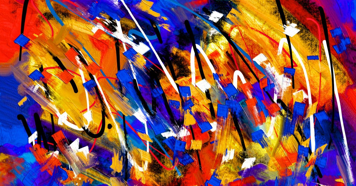 Dynamic abstract acrylic painting with bold colors and energetic patterns.