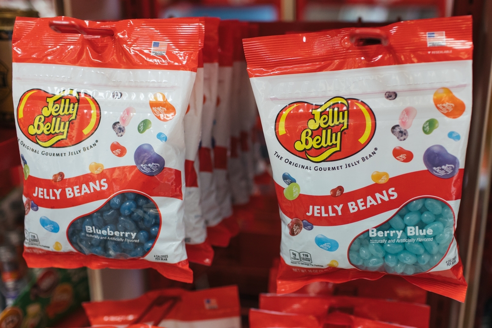 Fairfield, CA - September 3, 2022: Closeup of Jelly Bean bags of candy in red and white bags.