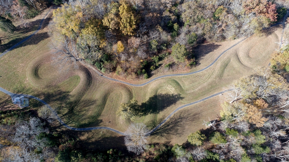 Aerial photo of the large historic Serpent Mound effigy mound located in Peebles, Ohio.