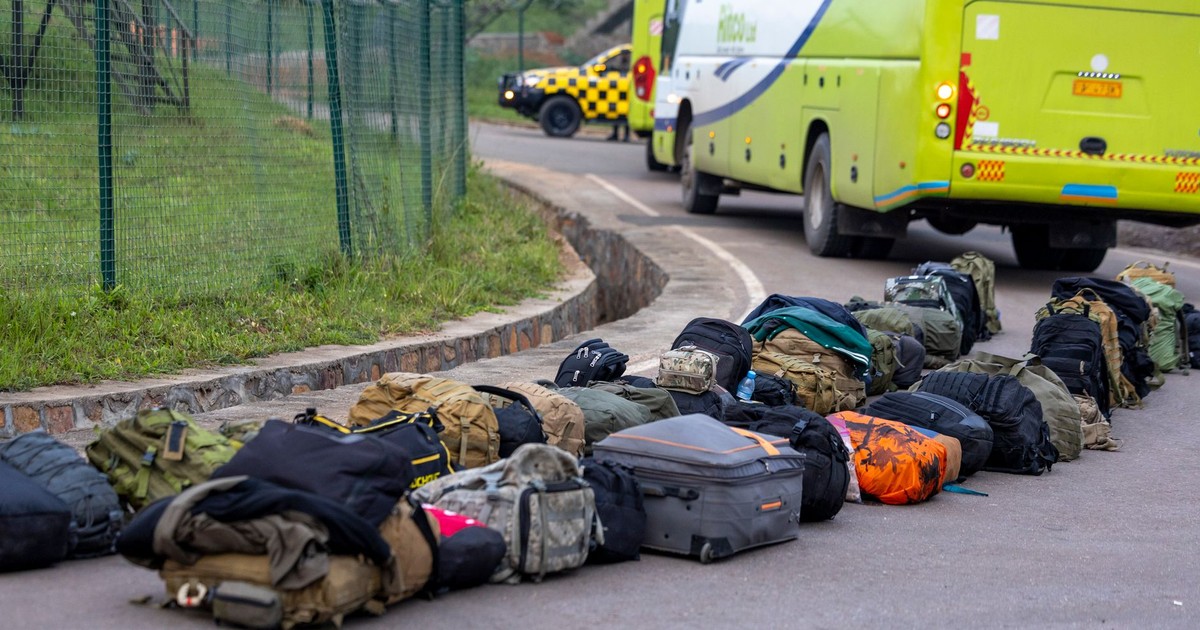 A row of backpacks and luggage near a green bus on a roadway.