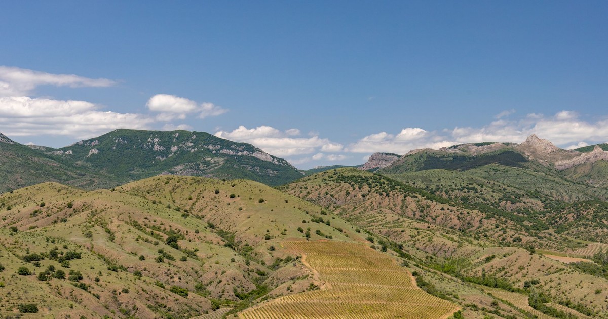Aerial view of lush green hills and croplands under a clear blue sky.