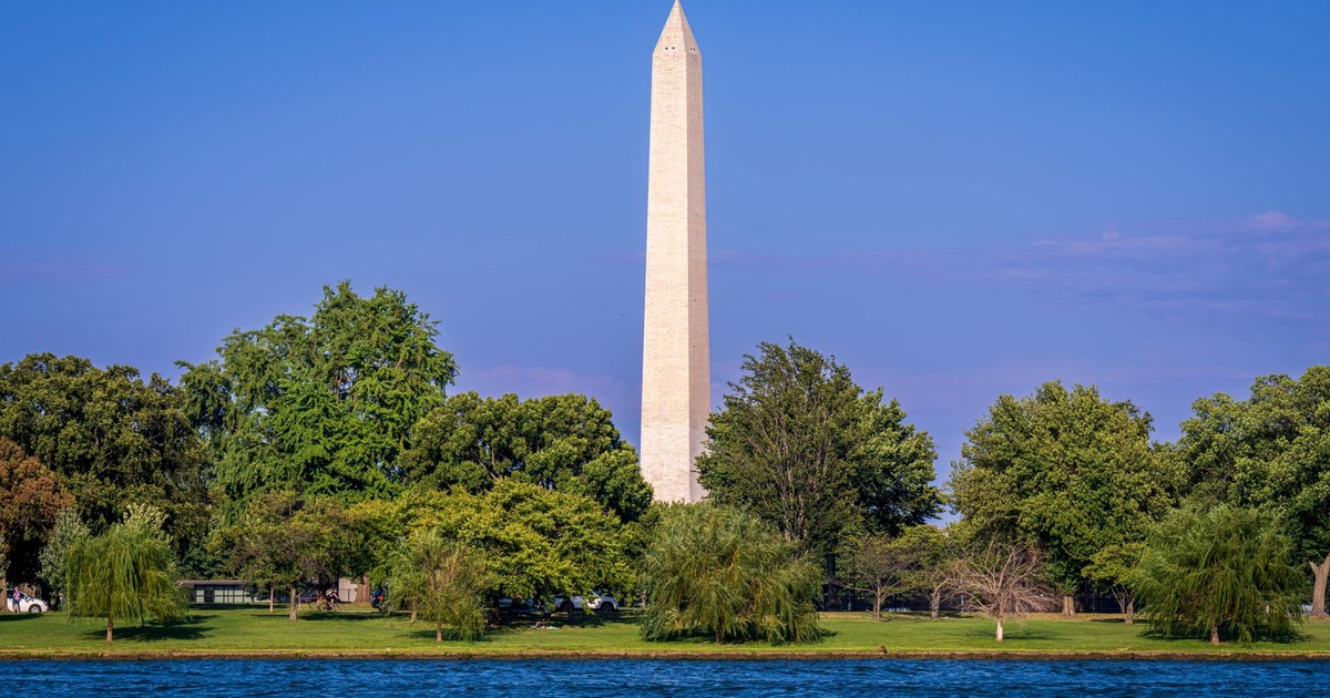 Beautiful view of the Washington Monument surrounded by trees with a clear blue sky and waterscape in Washington D.C.