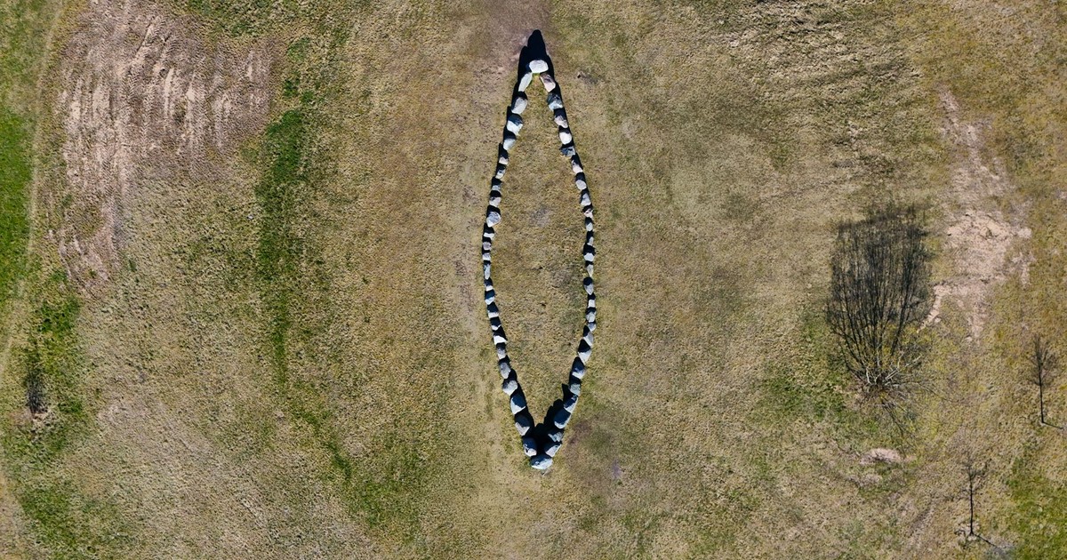 Drone captures ancient stone circle in a field in Jönköping, Sweden.