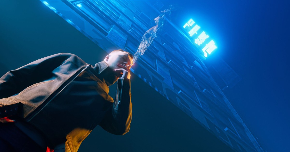 A person smokes under a neon-lit building, creating a moody urban night ambiance.
