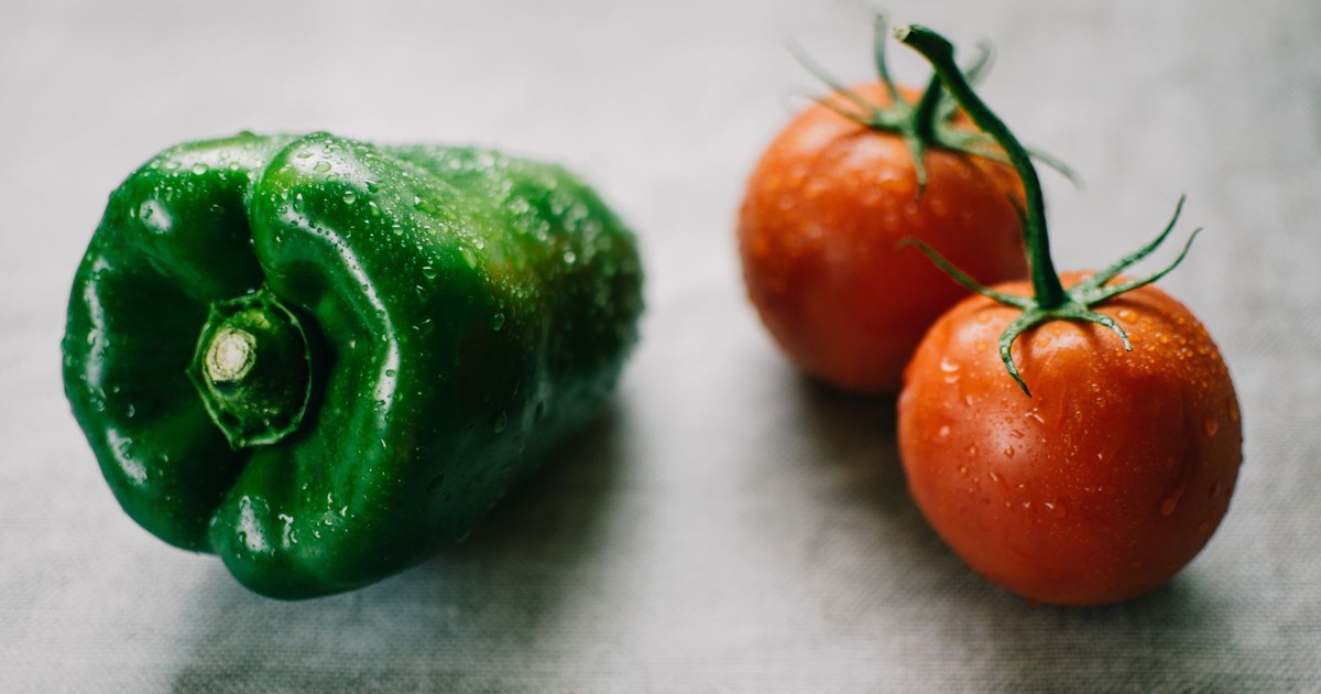 Fresh green bell pepper and tomatoes with water droplets, symbolizing organic farming.