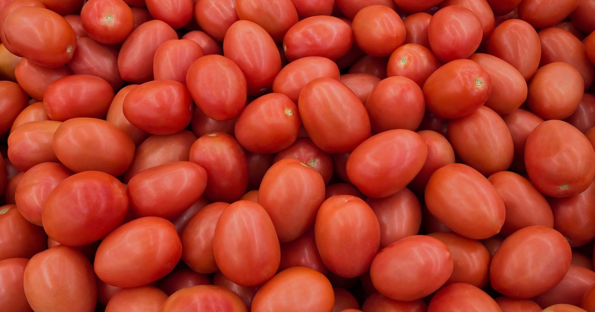 A close-up shot of abundant ripe Roma tomatoes at a farmers market.