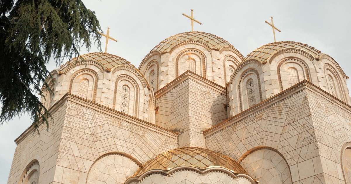 Captivating view of the Byzantine-style cathedral domes in Skopje, North Macedonia.