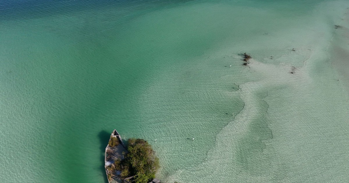 Stunning aerial view of Bacalar Lagoon with its clear turquoise waters and lush greenery.