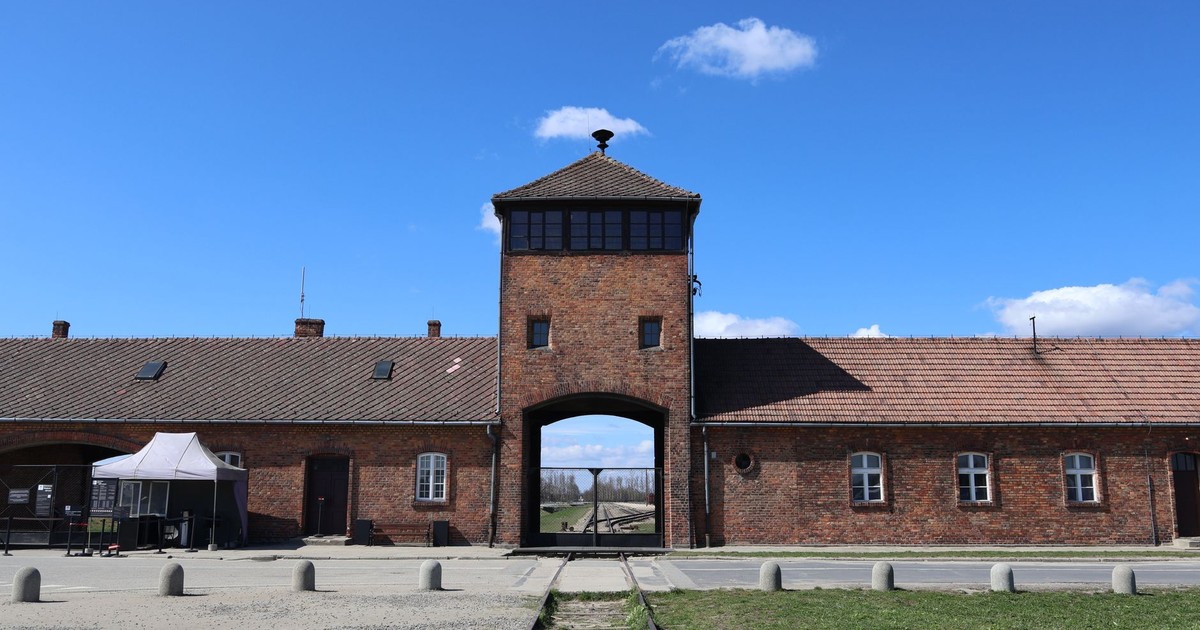View of the main entrance of Auschwitz II-Birkenau in Brzezinka, Poland.