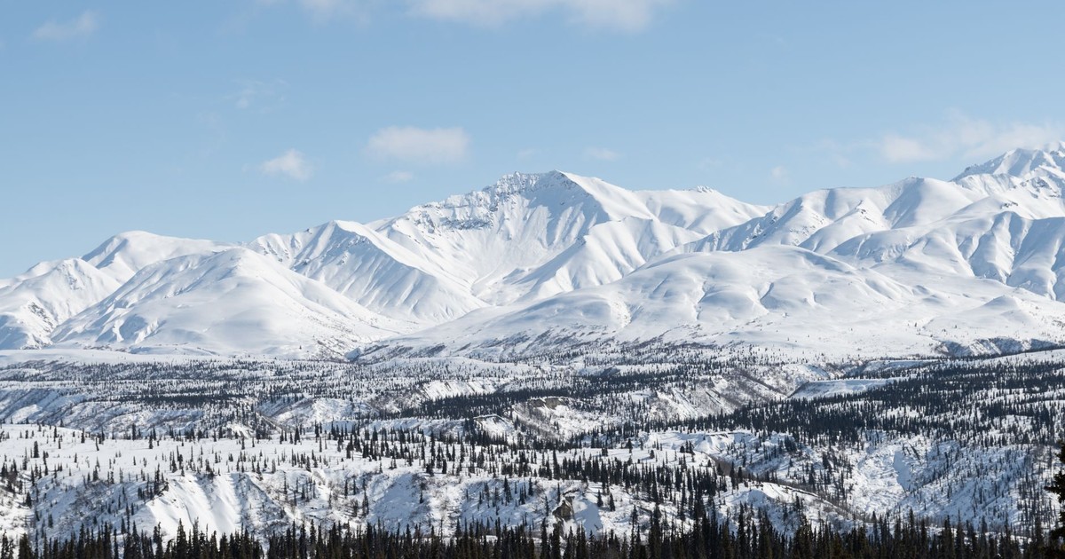 Breathtaking view of snow-covered Alaskan mountains with evergreen trees during winter.