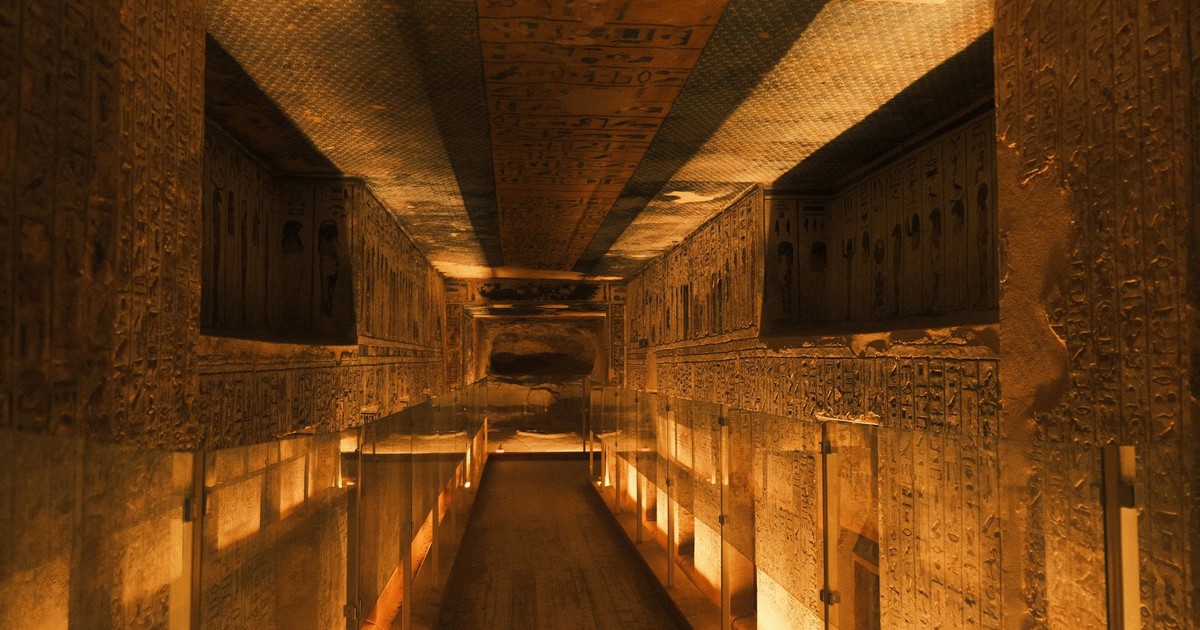 Explore the intricate hieroglyphs and architecture inside an ancient Egyptian tomb corridor.