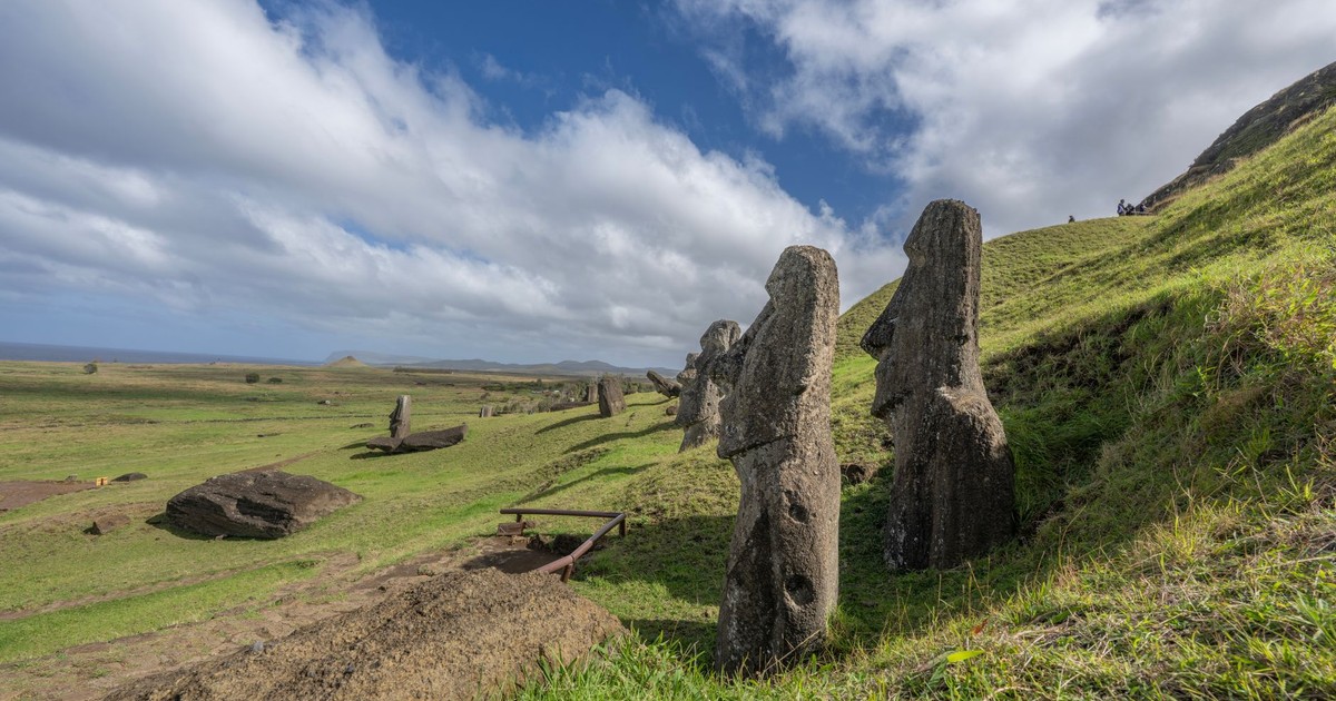 Explore the iconic Moai statues on Easter Island, Chile, surrounded by vast green landscapes and a bright blue sky.