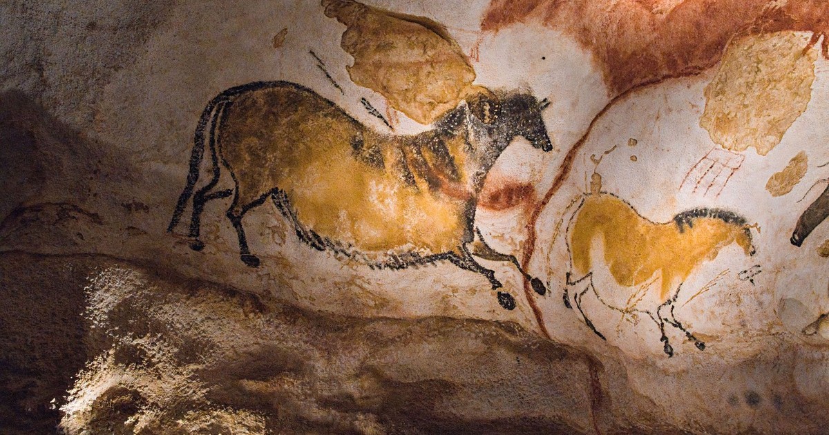 Historic Lascaux cave paintings depicting prehistoric horses in France