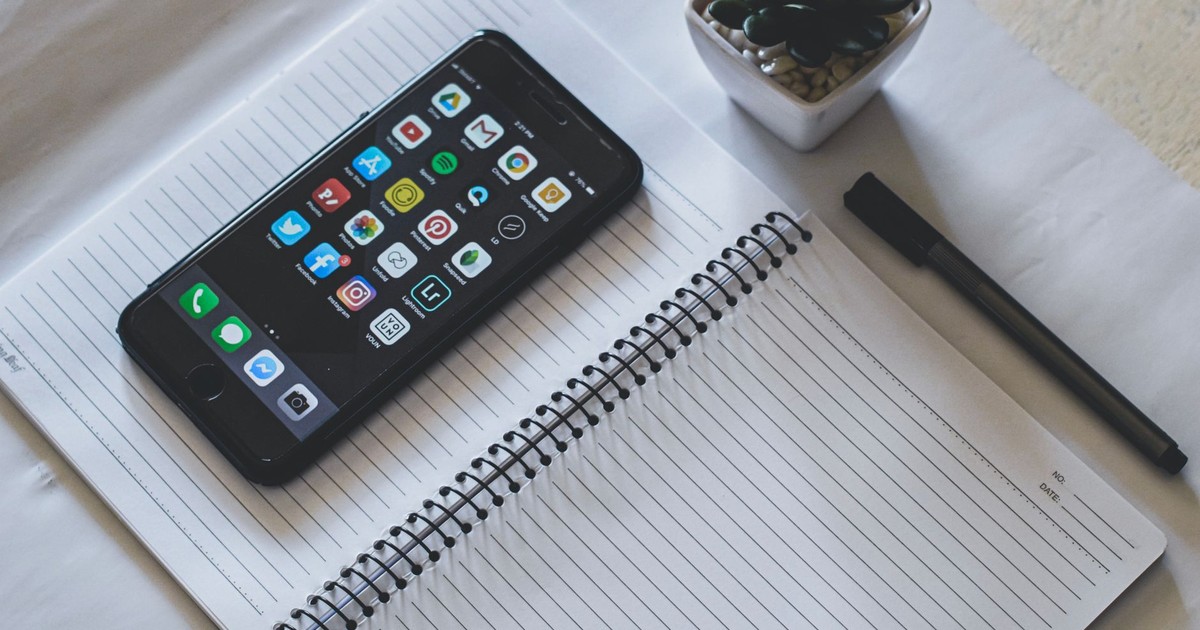 Flat lay featuring a smartphone on a spiral notebook beside a succulent plant and pen.