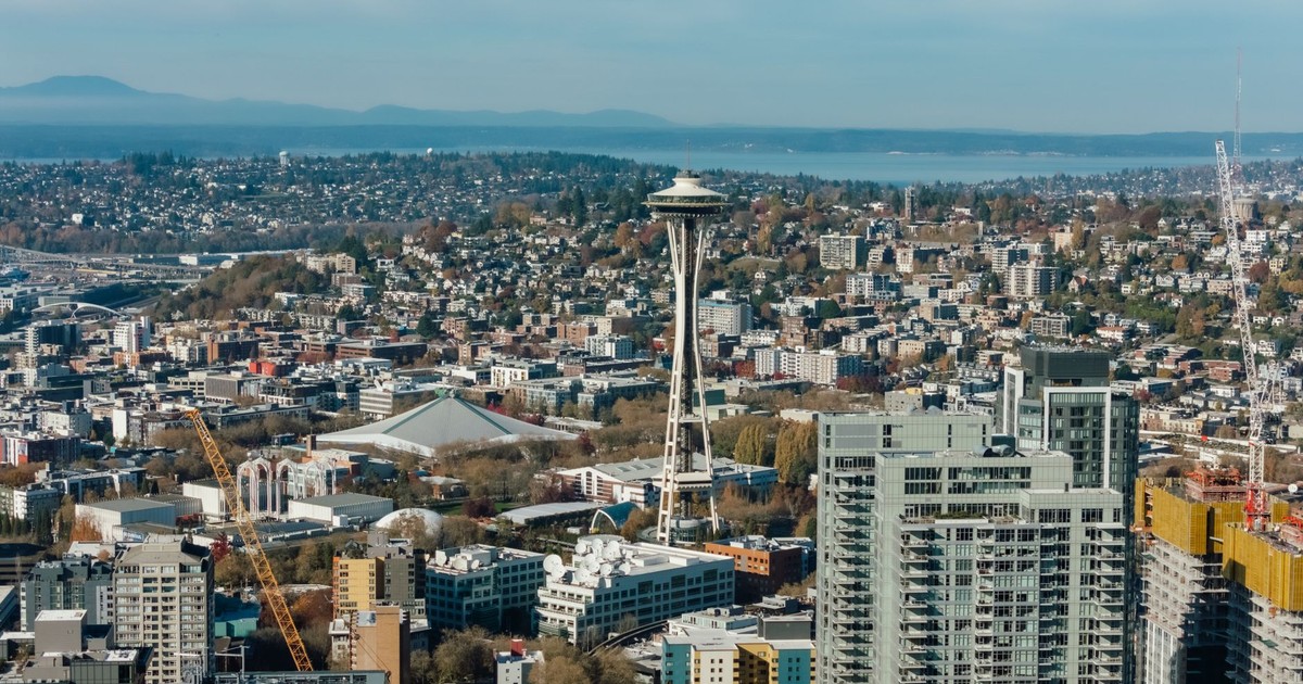 Aerial view of Seattle's skyline featuring the iconic Space Needle.