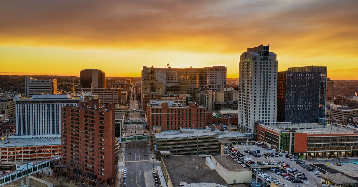 A stunning aerial view of Rochester, MN skyline at sunset capturing urban architecture.