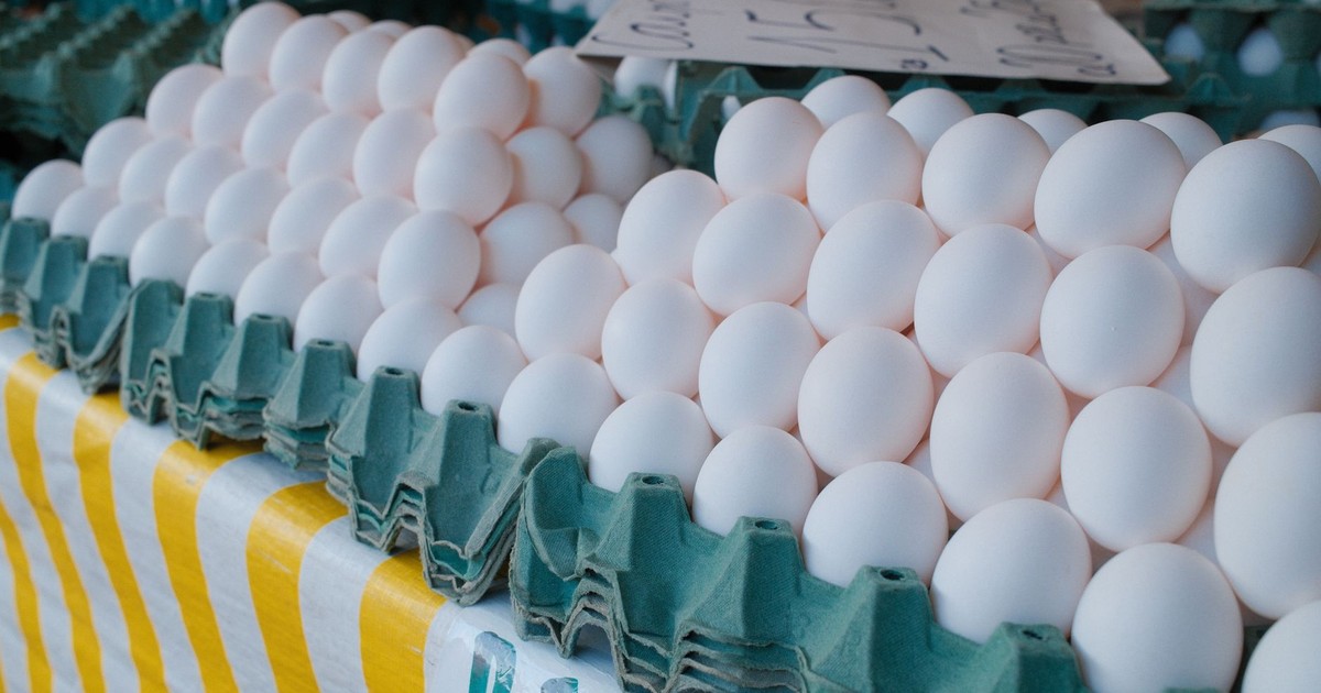 Stacks of fresh white eggs on a green carton tray at a local market. Ideal for culinary themes.