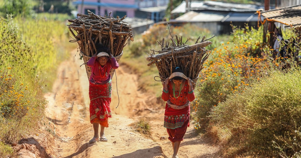 Two women in traditional attire carrying firewood in a rural Nepali landscape.