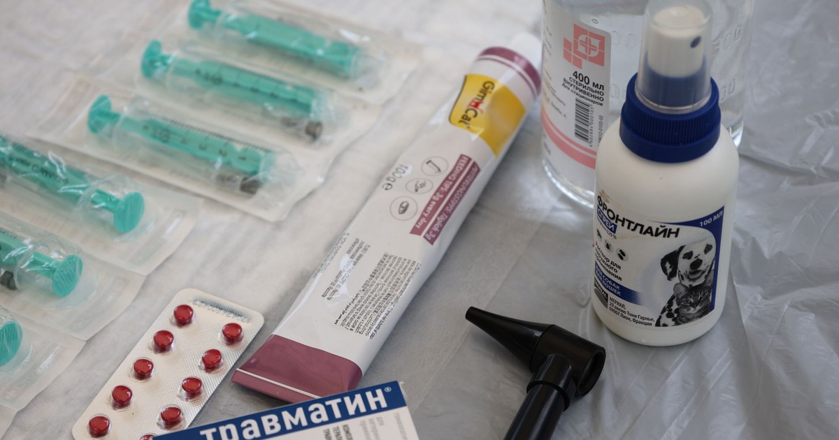 Veterinary medical supplies including syringes, pills, and spray displayed on a table.