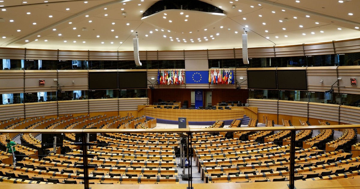 Empty European Parliament auditorium in Brussels, Belgium.