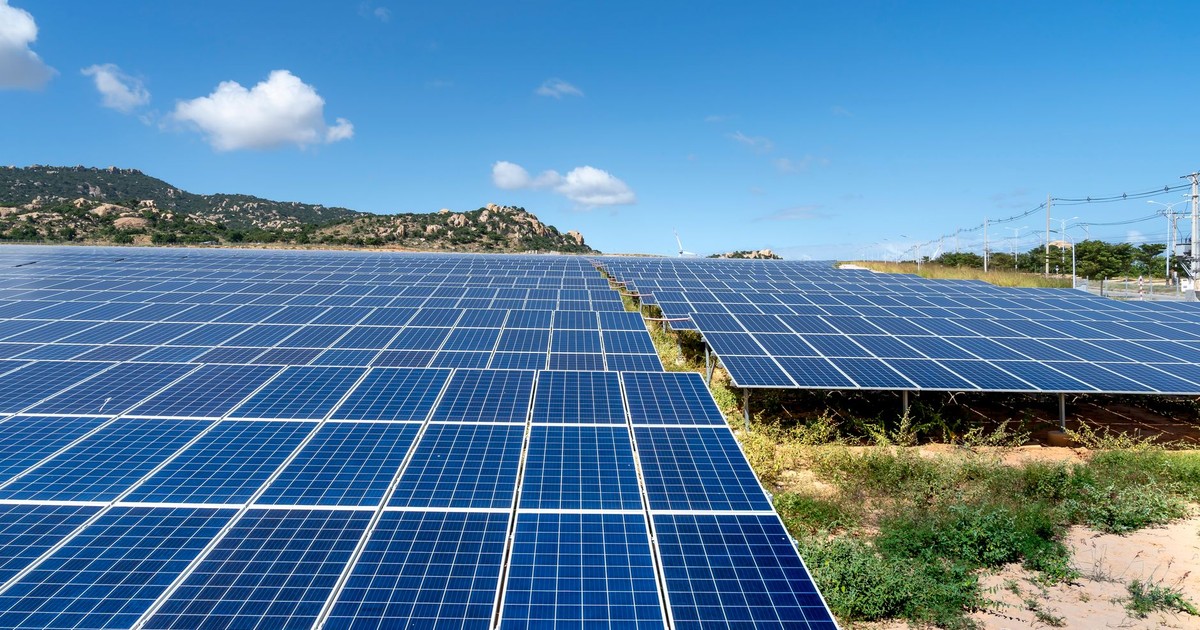 A vast field of solar panels harnessing solar energy on a sunny day.