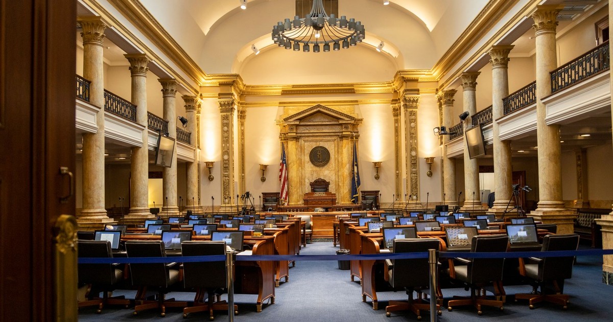 A grand government chamber with elegant columns and seating. Perfect for politics or architecture themes.