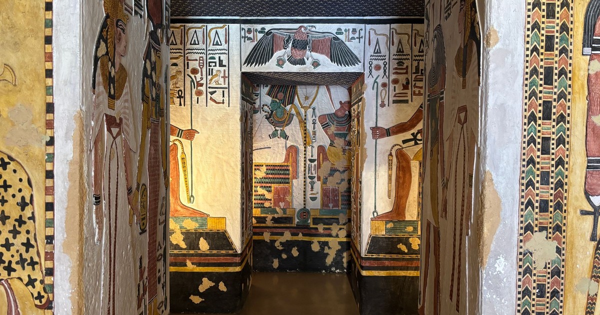 Explore the vibrant hieroglyphics and artwork inside an ancient Egyptian tomb.