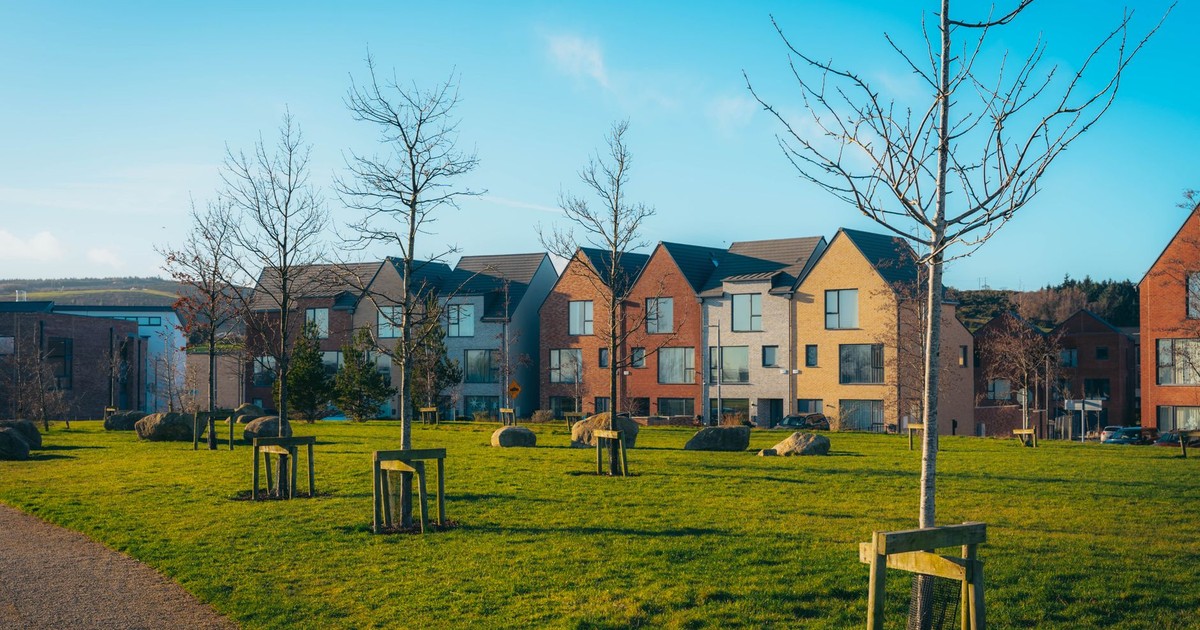Scenic view of a modern residential area with green lawns and bare trees under a clear blue sky.