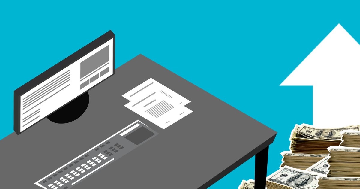 Illustration of modern computer and documents with cash and arrow up showing increase of incomes against blue background