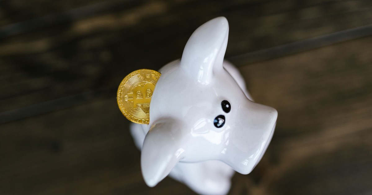 Close-up of a bitcoin coin inserted in a white piggy bank, symbolizing cryptocurrency savings.