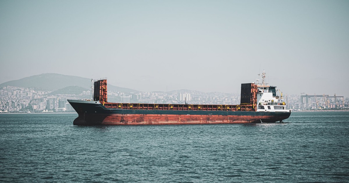 Cargo ship sailing in İstanbul with city backdrop, emphasizing maritime transport.