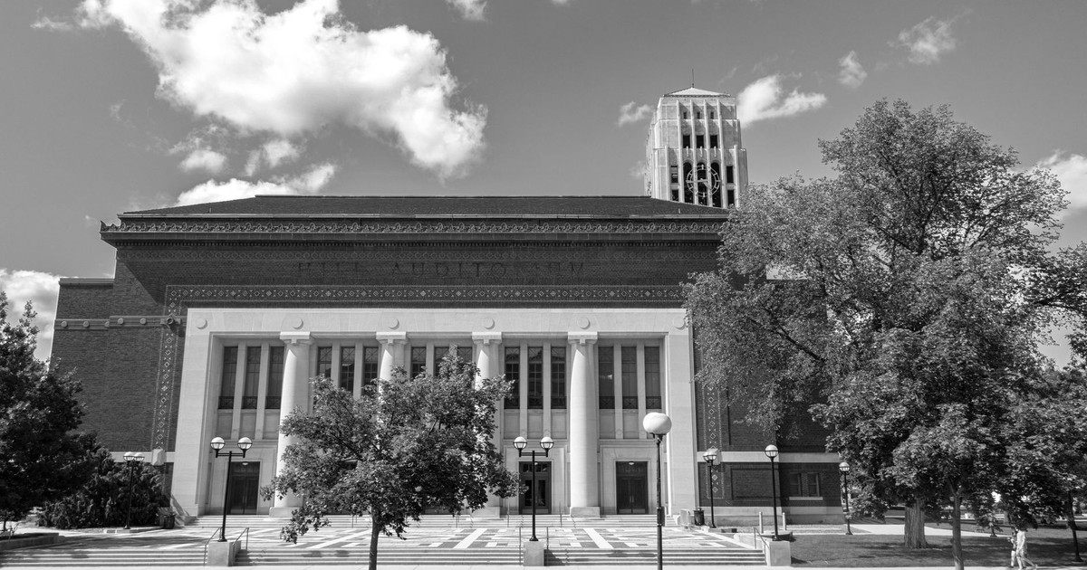 Black and white photo of Hill Auditorium, a historic building in Ann Arbor, Michigan.