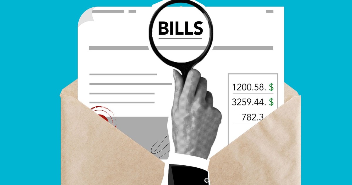 Cutout paper composition of male with magnifier received expensive taxes and payments on blue background