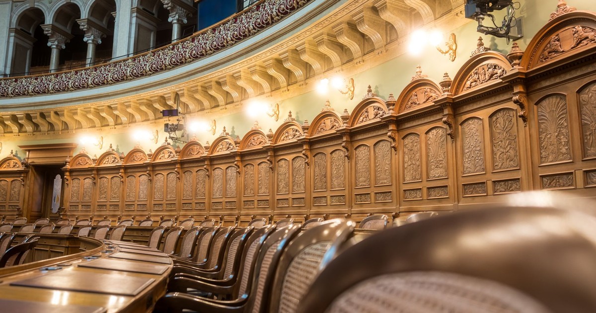 Interior view of the elegant Swiss Parliament council chamber in Bern, Switzerland.