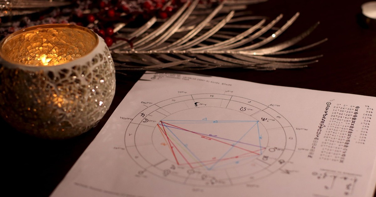 A warm, candlelit setting featuring an astrology natal chart, perfect for divination themes.