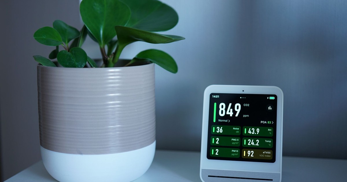 Air quality monitor next to a potted plant on a desk, showing CO2 and PM2.5 levels.