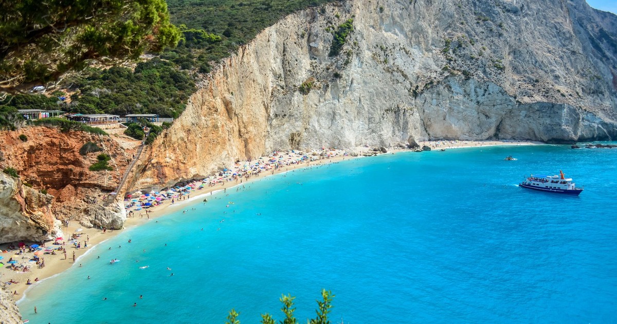 Aerial view of the stunning Porto Katsiki beach with turquoise waters and cliffs in Lefkada, Greece.