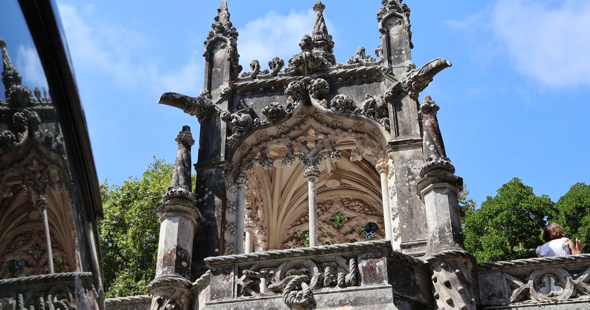 Intricate Gothic-style architecture of Quinta da Regaleira under a clear blue sky.
