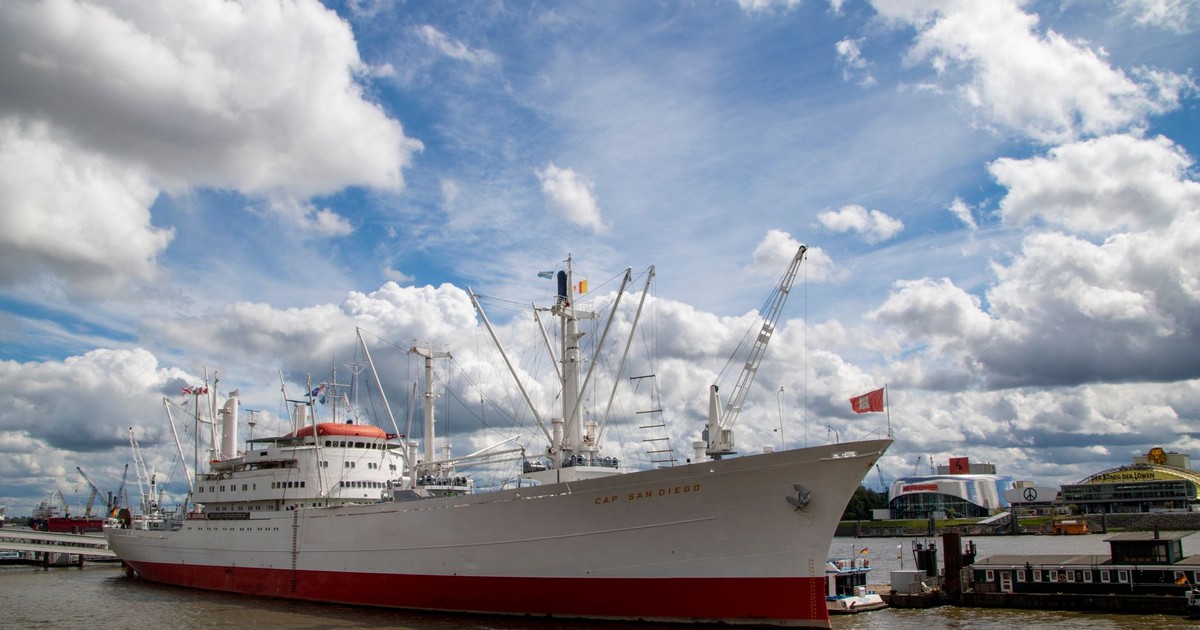 View of the Historic Cap San Diego docked at Hamburg port under a cloudy sky.