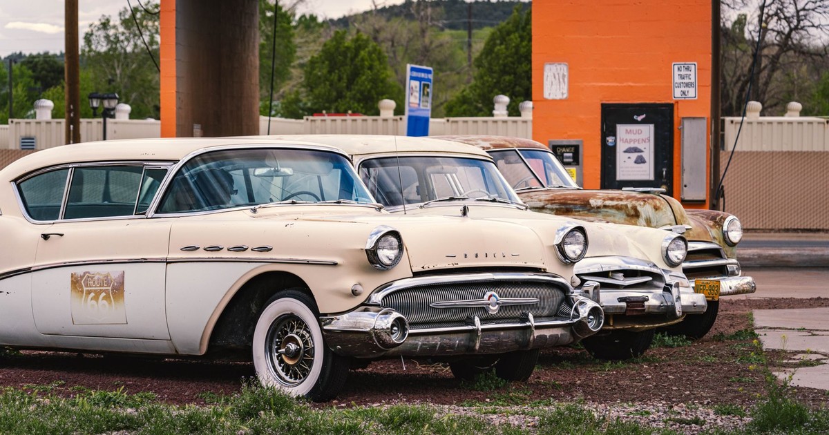 Classic Buicks displayed on Route 66 in Williams, Arizona. Nostalgic automotive history.