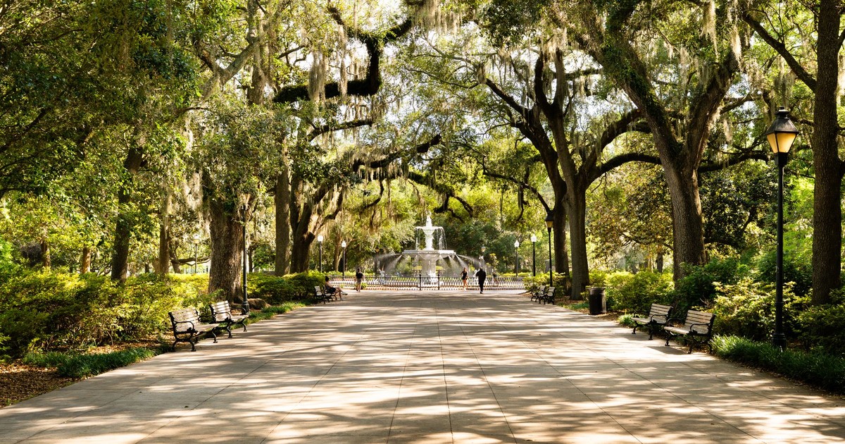 Stroll through Forsyth Park's scenic walkway draped with Spanish moss in Savannah, Georgia.