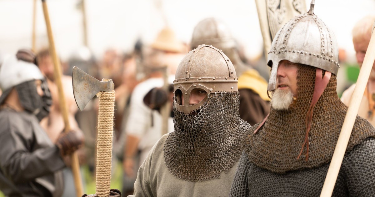 Men in Viking armor participate in a reenactment event in Szczecin, Poland.