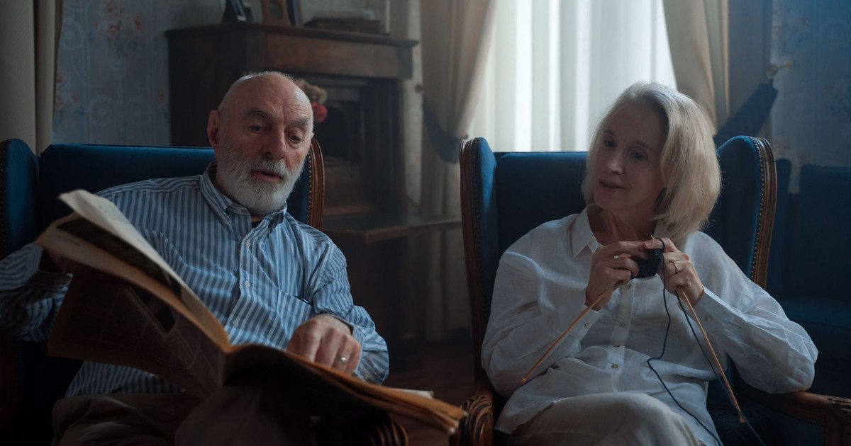 Senior couple relaxing in armchairs, engaging in knitting and reading, showcasing leisure at home.