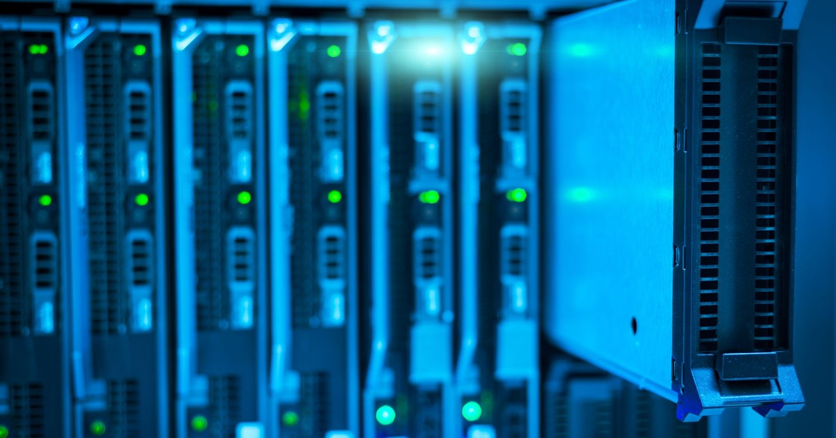 Detailed view of a server rack with a focus on technology and data storage.