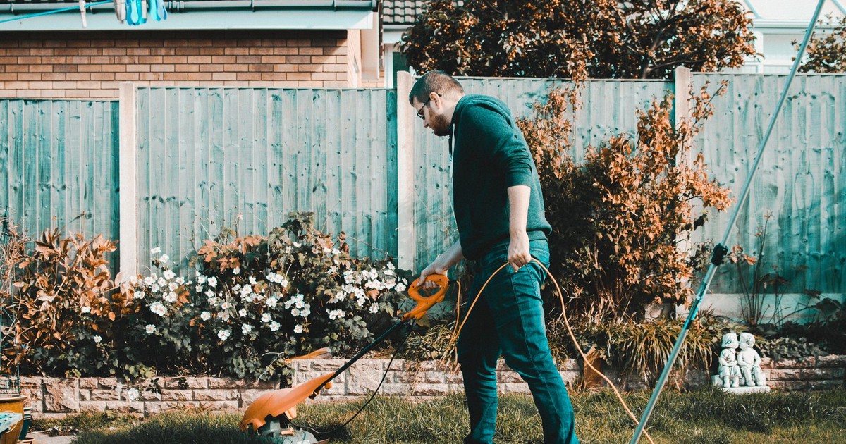 A man using an electric mower in a garden on a sunny day, capturing outdoor chores and gardening vibes.