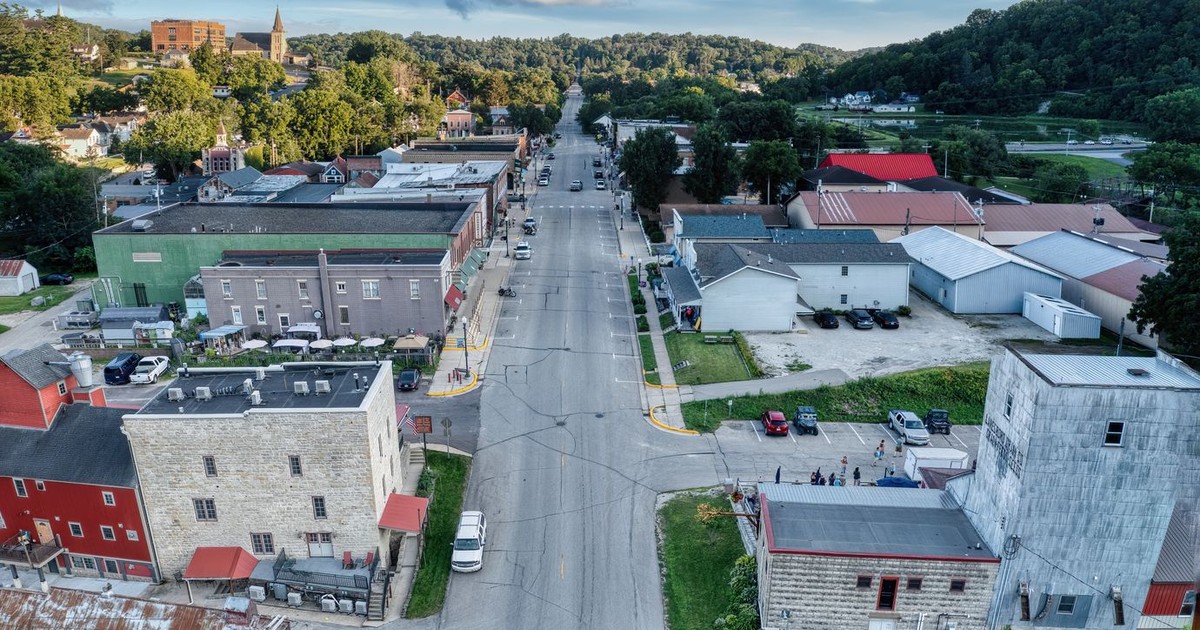 Aerial view of small town Lanesboro, Minnesota showcasing its charming downtown and surrounding greenery.