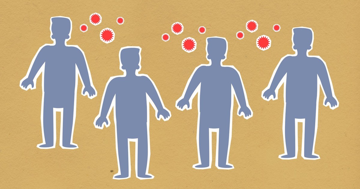 Paper cutout silhouette of men placed together surrounded by contagious spreading red viruses on brown background during dangerous coronavirus outbreak