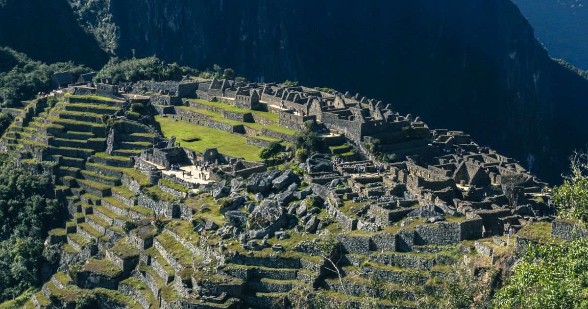 Stunning aerial view of Machu Picchu in Peru, showcasing the ancient Inca citadel's architecture.