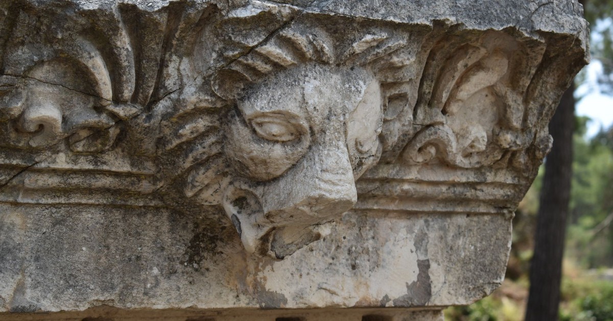 Close-up of a lion's head carving on an ancient stone column outdoors.