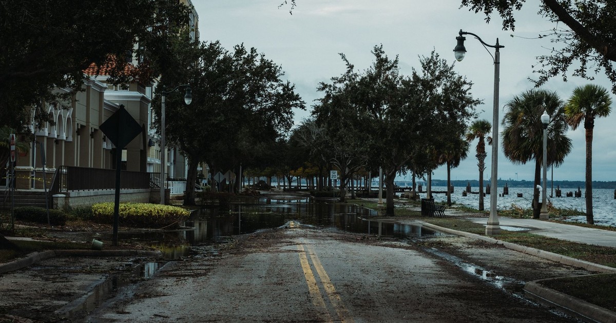 A flooded urban street with palm trees, buildings, and puddles, under a cloudy sky.